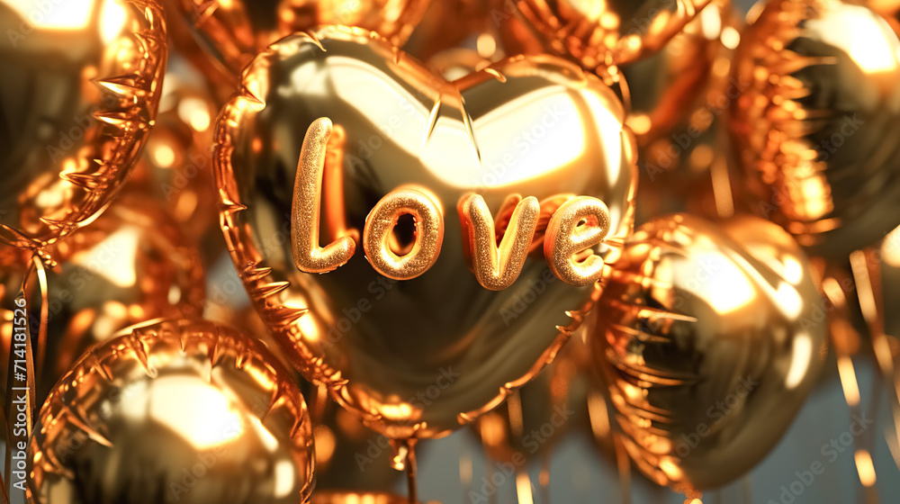 Airy golden shiny balloons in shape of love letters. Template for invitation, greeting card for Valentine's day, wedding
