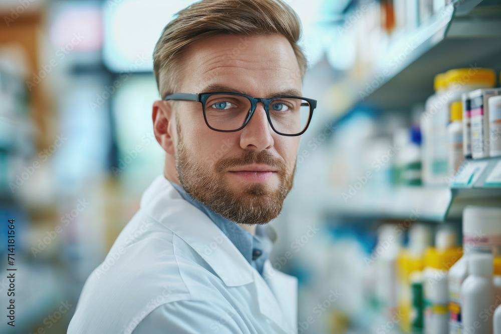 A handsome male pharmacist working in a pharmacy