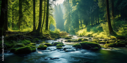 Mountain river in the forest with green moss and rocks Nature Haven Sunlight Kissed Clearing spring forest nature landscape  beautiful spring stream  river rocks in mountain forest greenery.