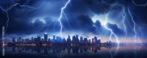 Lightning storms or striking over night city in blue light.