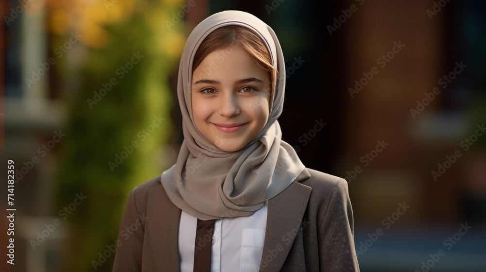 Happy Muslim little girl smile. Neural network AI generated art Happy Muslim little girl smile. Neural network AI generated art