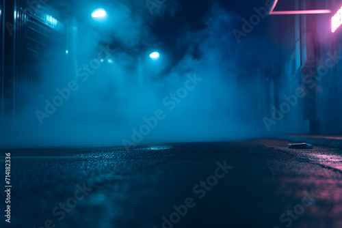 A dark empty street background with neon light and smoke float up the interior texture