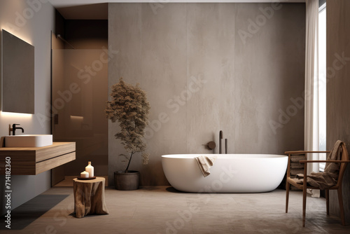 Linen color spacious minimal design luxury decorated bathroom interior