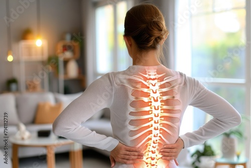 Shot with highlighted spine of woman with back pain photo