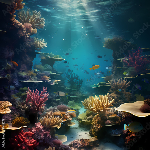 Underwater scene with coral reefs and tropical fish