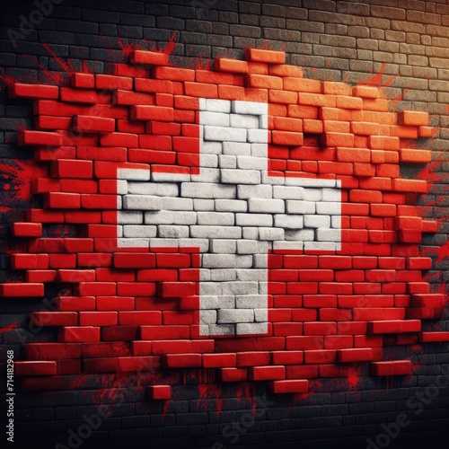 Urban Expression: Grunge Art Featuring the Flag of Switzerland on a Brick Wall