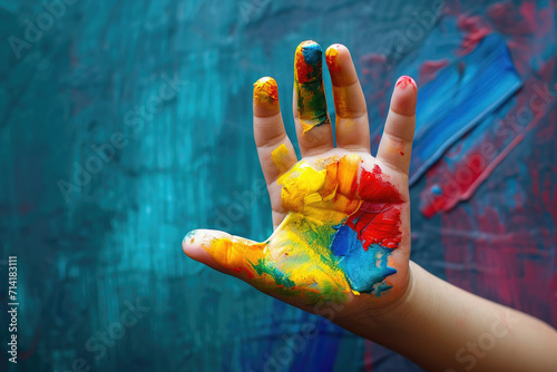 Vibrant Handprint of a Child Covered in Multicolored Paints