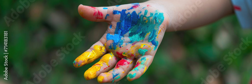 Childs Hand Covered in Paint, A Colorful Creation