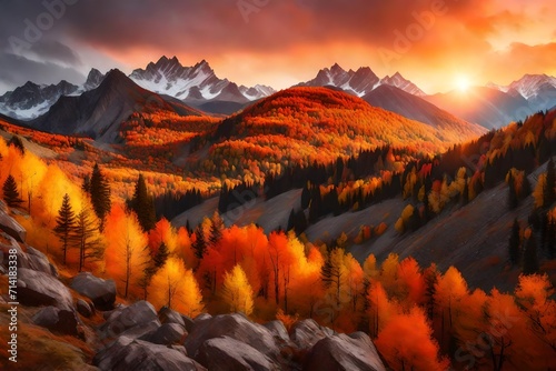 sunset in the mountains with autumns trees view