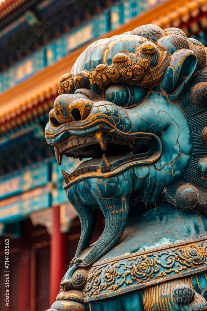 The chinese lion statue is outdoors in front of an asian building