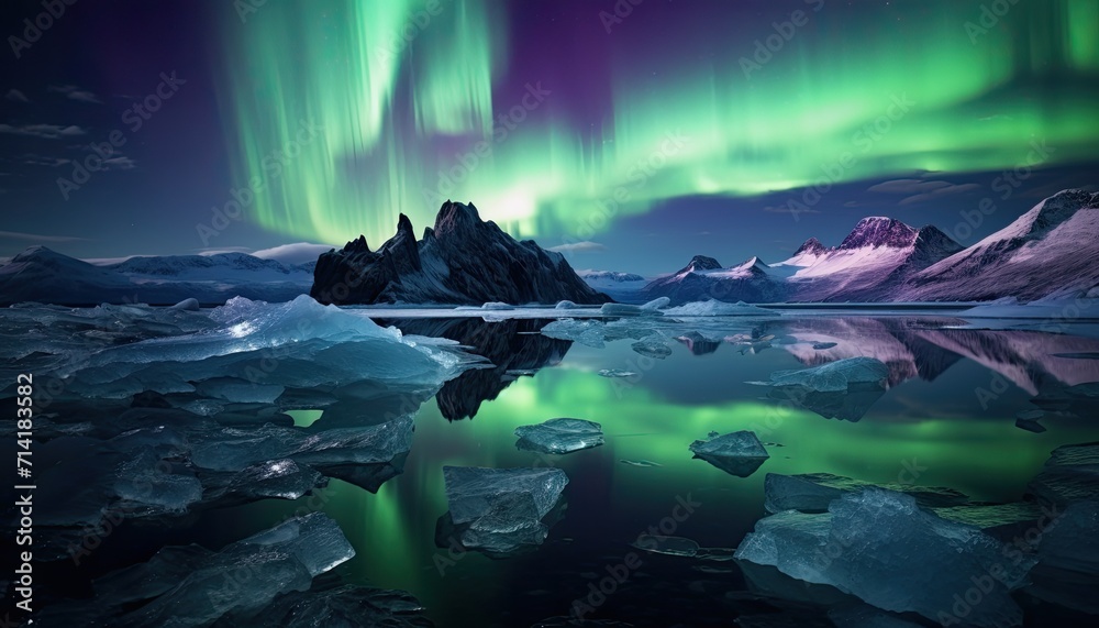 View of night sky with multicolored aurora borealis and snowy mountains peak background. Night glows in vibrant aurora reflection on the lake with forest. 