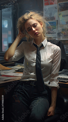 Woman in Dress Shirt and Tie Sitting at Desk