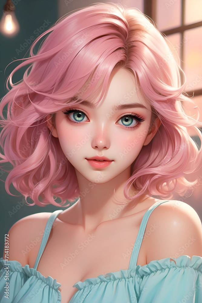 Beautiful anime style woman with pink hair