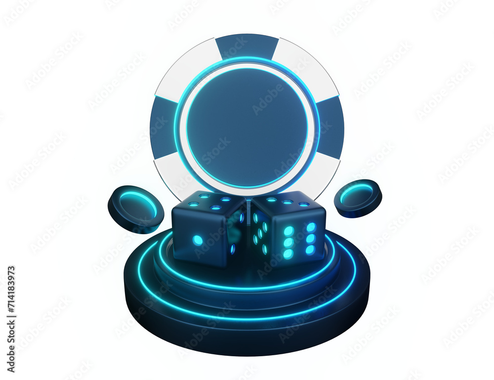 Fototapeta premium Neon illustration of dice gambling equipment and casino chips standing on podium 