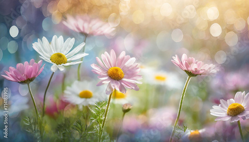 Colorful daisies flower on meadow, pastel light morning light.