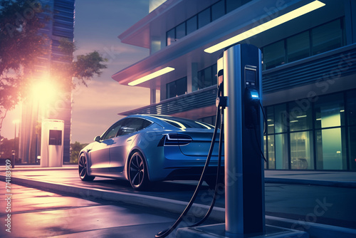 Car charging at electric car charging station. Electric vehicle charger station for charge EV battery. EV car charging point. Clean energy. Sustainable transportation. Green technology. photo