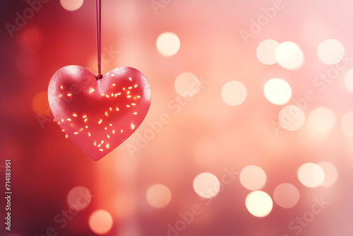 Valentine's Day background. Heart shape decor on a blurred Background for Valentine's Day. Romantic heart shape hanging for Valentine's Day celebration. Celebrate love with heart shape