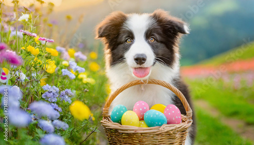 Cute puppy dog border collie holding basket with Easter colorful eggs. photo