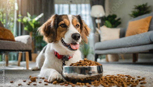  Dog eating dry food from a bowl in the living room at home