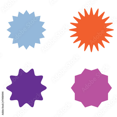 Set of vector starburst, sunburst badges. Different color. Simple flat style Vintage labels. Colored stickers 