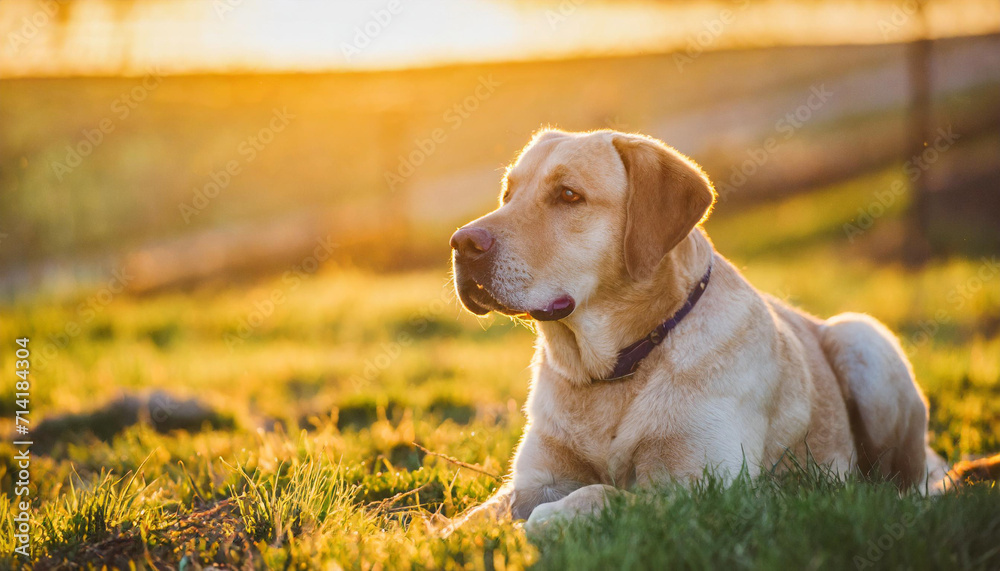 Labrador dog lies on the grass at the sunset.