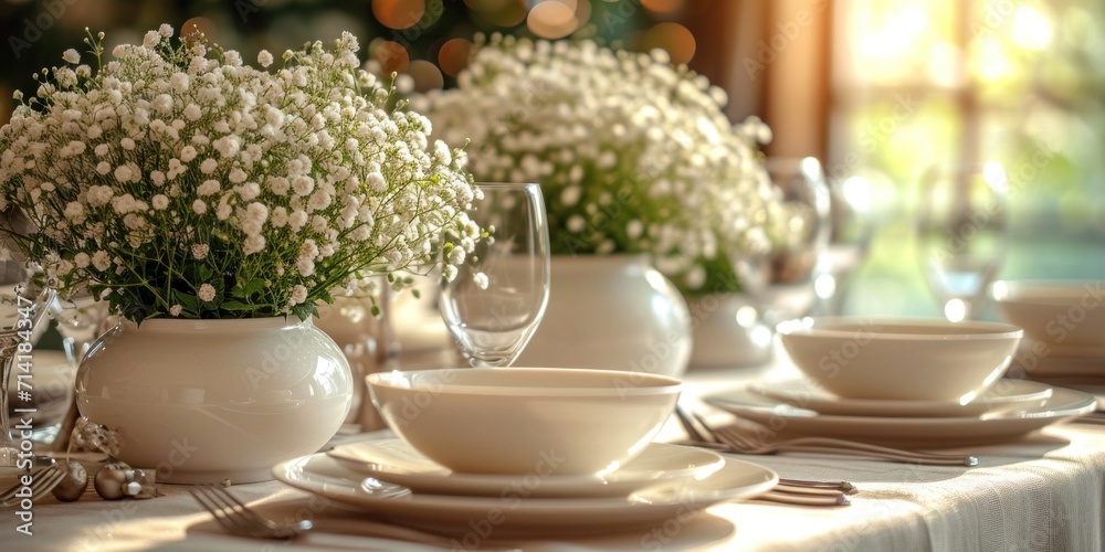 A beautifully set table with white decor, flowers in a vase and elegant silverware create a luxurious dinner atmosphere.