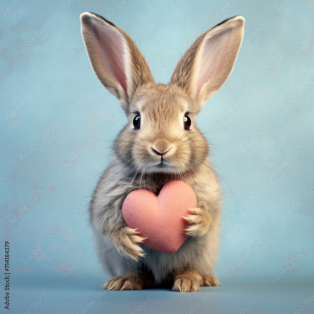 Fototapeta premium Cute brown bunny holding heart, Valentine day or easter holiday greenings card design