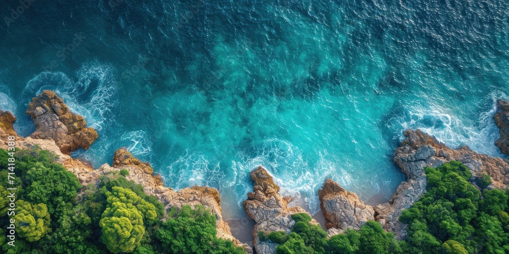 A top-down view of the stunning coastline with turquoise waters, rocky cliffs and a beautiful beach that evokes the feeling of summer and vacation.