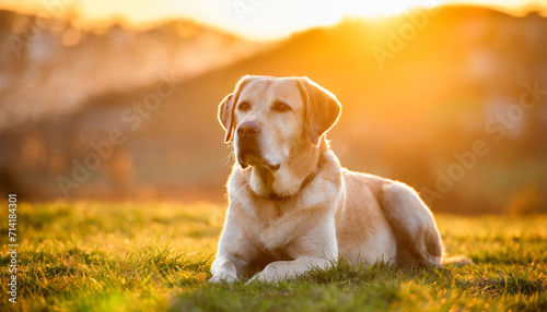  Labrador dog lies on the grass at the sunset 