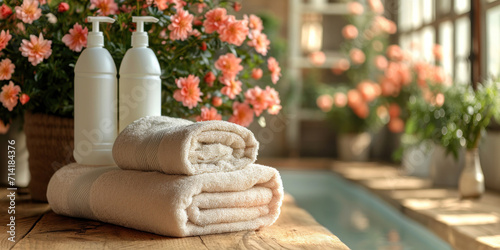 A stack of soft, fluffy towels in a spa setting emphasizes cleanliness, hygiene and comfort.