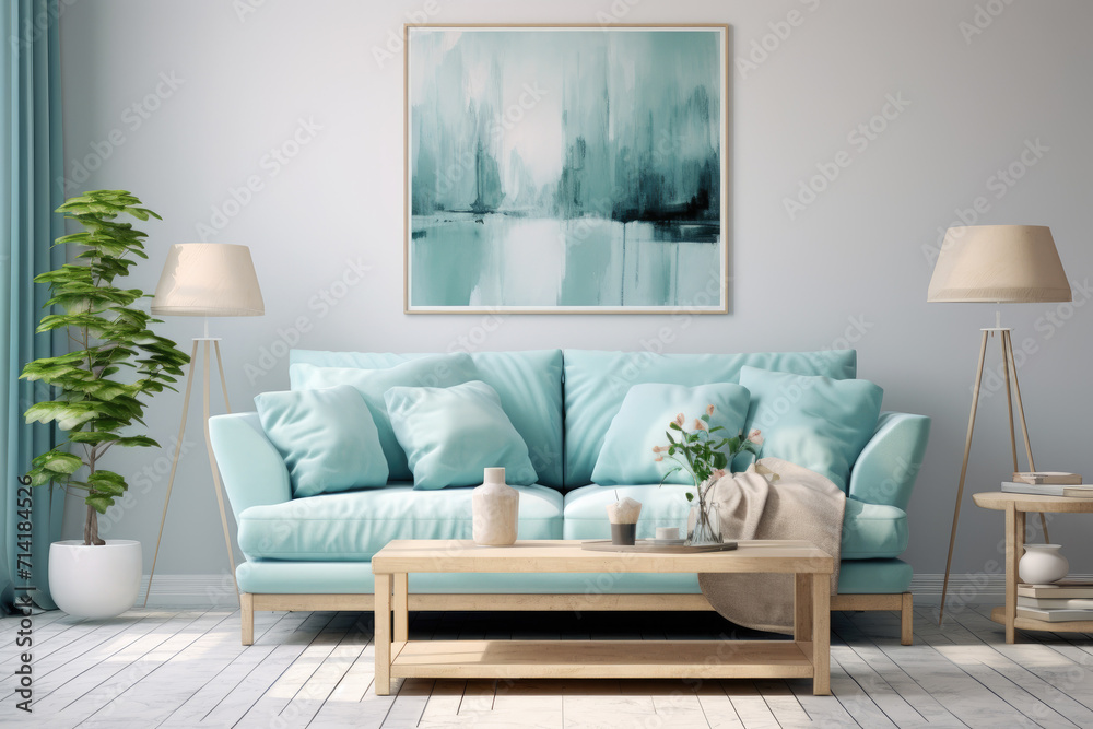 Naklejka premium Luxury minimal living room design with sofa and colorful furniture