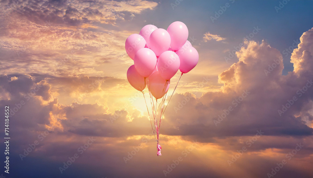 Fototapeta premium Pink balloons in the sky in clouds sunset bright light .