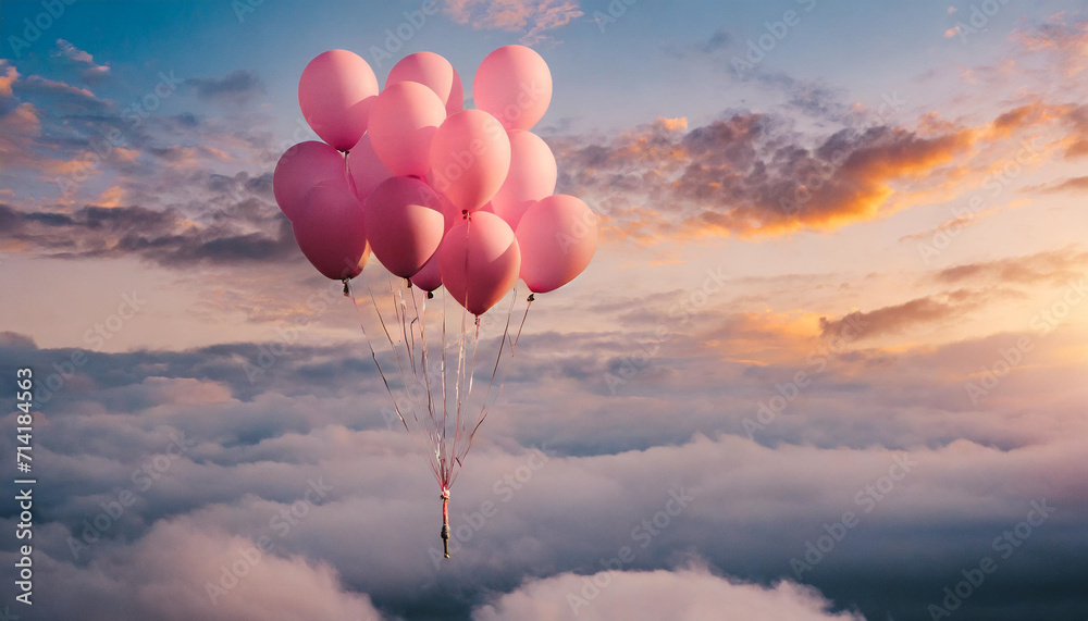 Obraz premium Red balloons shape heart in the sky in clouds in the sunset bright light