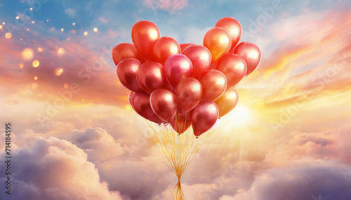 Red balloons heart in the sky in clouds sunset bright light .