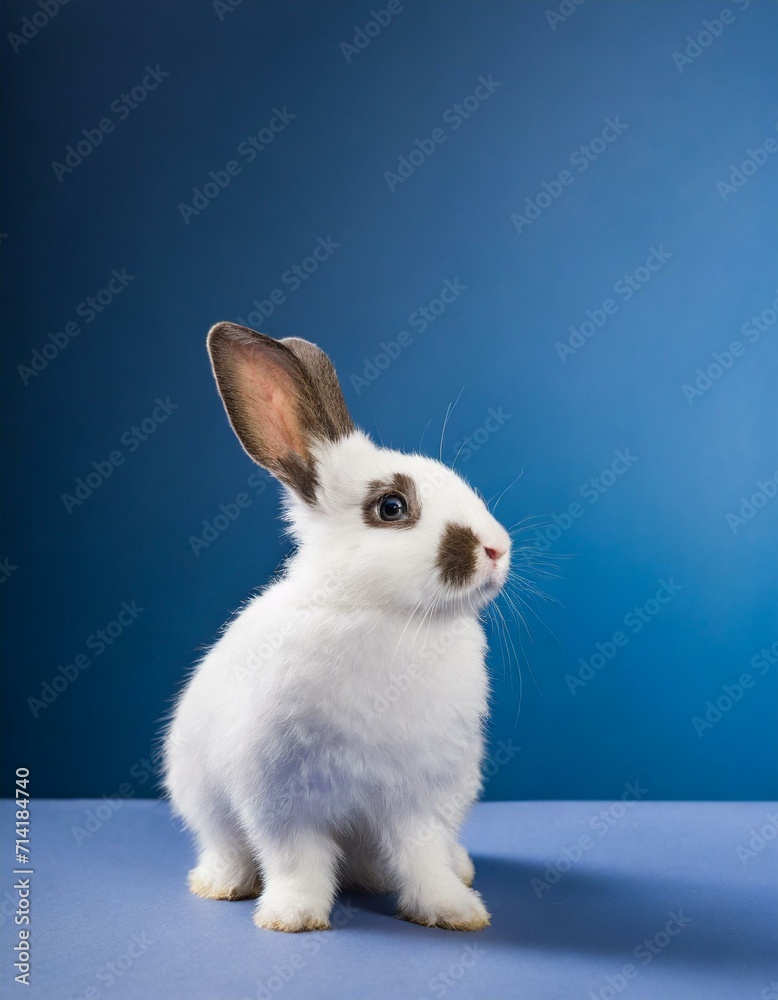 White rabbit looking up in the blue studio with space for text