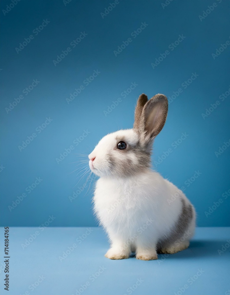 White rabbit looking up in the blue studio with space for text White rabbit looking up in the blue studio with space for text