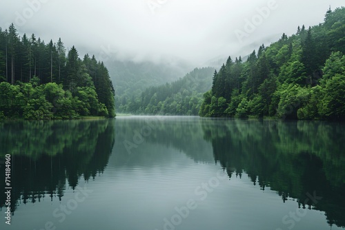 lake with fog in the mountains photo