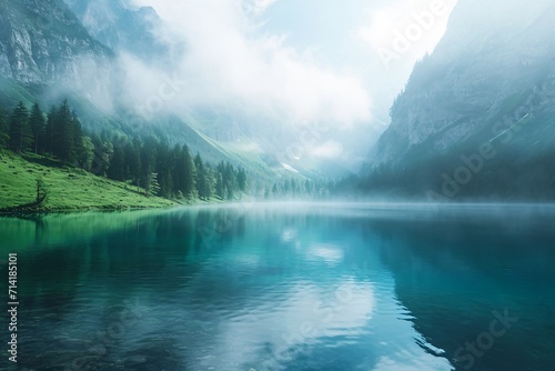 lake with fog in the mountains