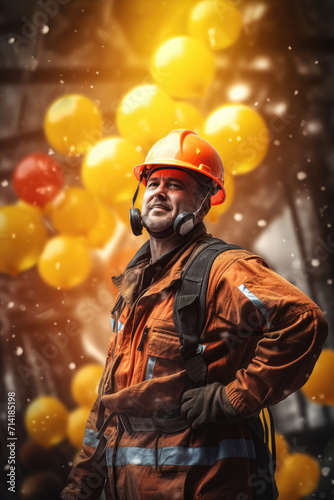 Man in hard hat and overalls, balloons background © LFK