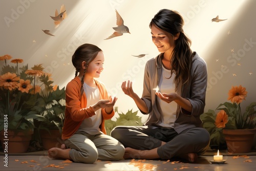 Illustration representing the transformative effects of Baby Sign Language Instructors. The illustration features a baby and parent duo, confidently using sign language to communicate with each other. photo