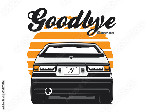 back look of 90s car with striped round backdrop along with text for vector illustration design graphic