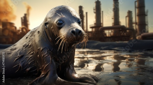 Sad Seal Against Oil Refinery: Negative Impact of Oil Spill AI Generated © Alex