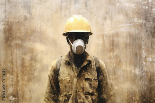 Masked worker on tumbled wall background