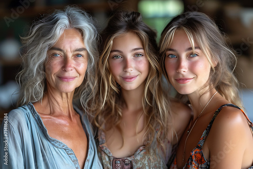 three generation of positive women smiling while looking at camera 