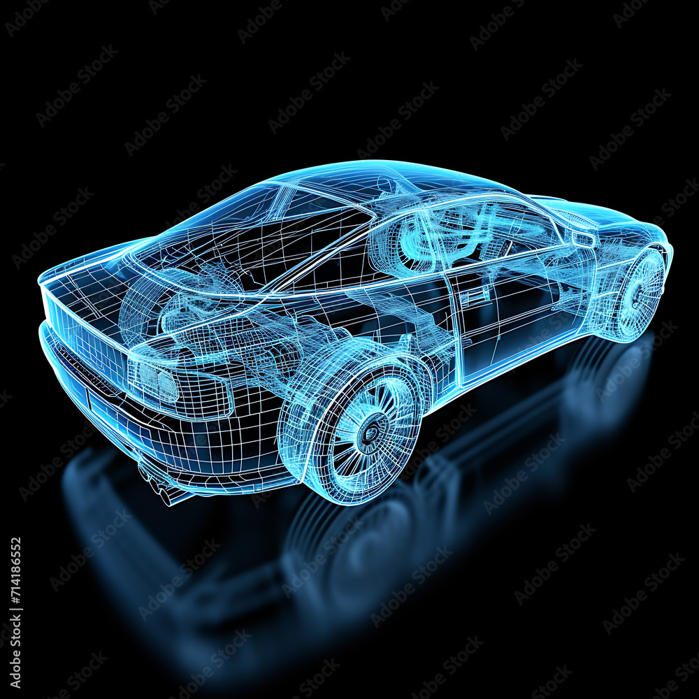 Naklejka premium Sedan car transparent Blue wire frame blueprints isolated on a black background. Front view of a sports car blue wireframe with transparent engine. 