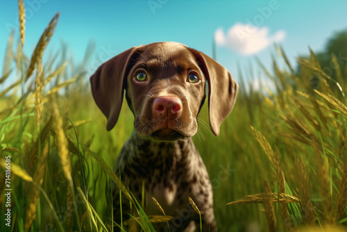 Portrait of a purebred dog with grass background. Illustration related to dogs. Pet. Dog related event. The world of dogs. Adopt a dog.  