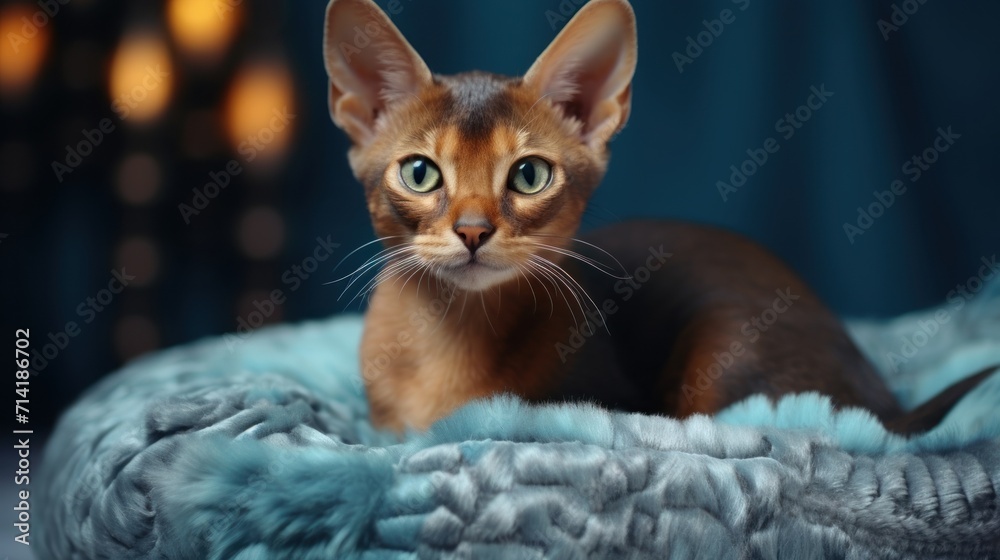 Beautiful Abyssinian Kitty Sitting on a Blue Pillow at Home AI Generated