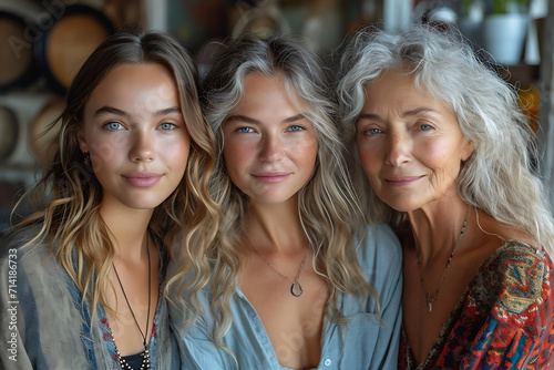 three generation of positive women smiling while looking at camera 