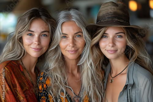 three generation of positive women smiling while looking at camera 