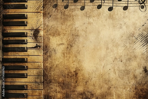 Gritty Harmony: Grunge Music Background Wallpaper with Vintage Old Keyboard and Scattered Music Notes